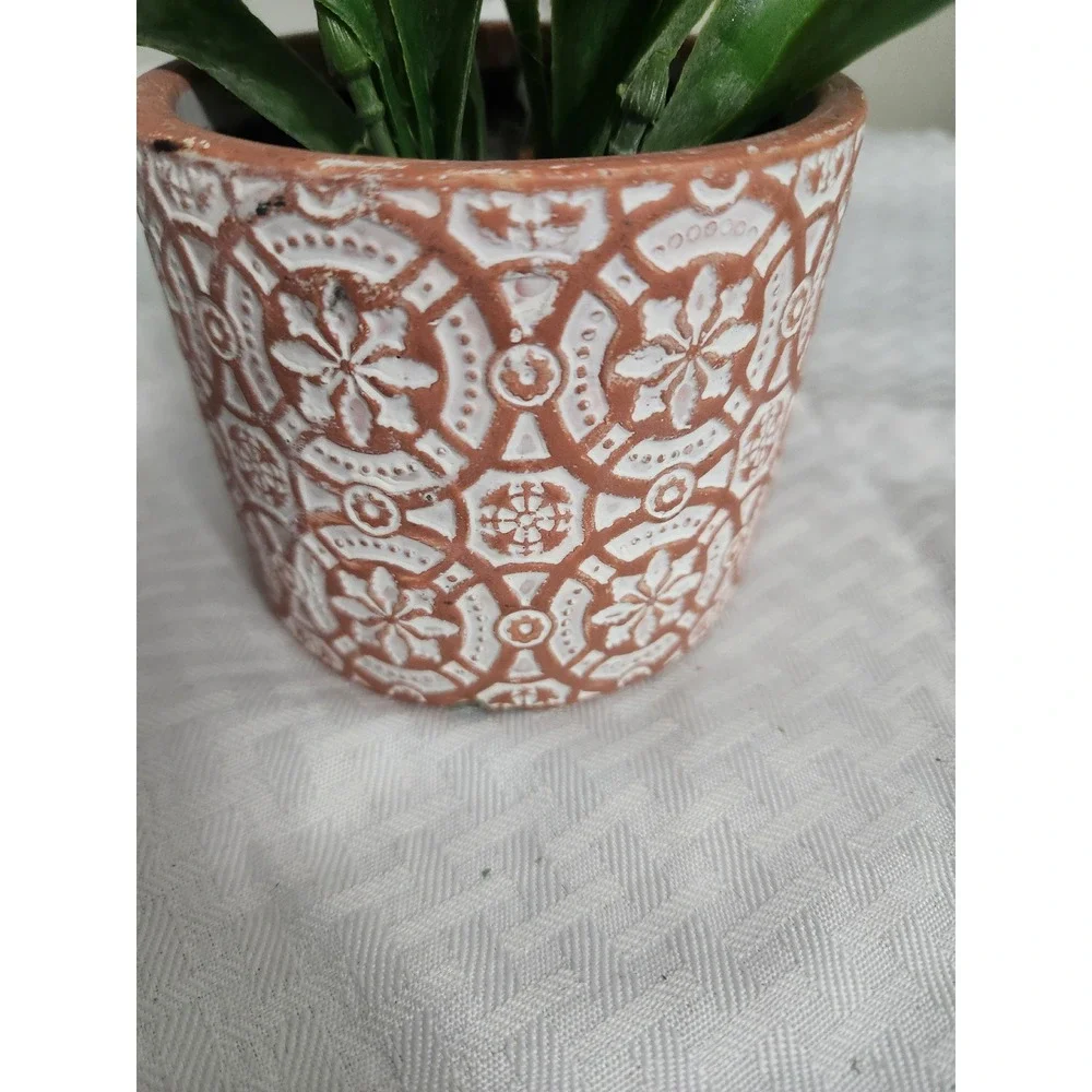 Artificial Staghorn Fern Faux Plant in Embossed Boho Ceramic Pot Green Terracott